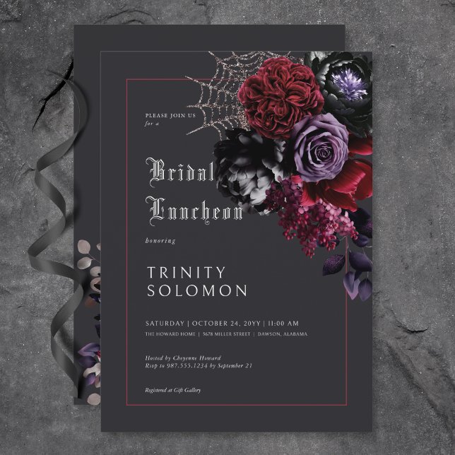 Convite Luncheo Preto Escuro Floral e Silver Web Bridal (Dark Black Floral & Silver Web Bridal Luncheon Invitation)