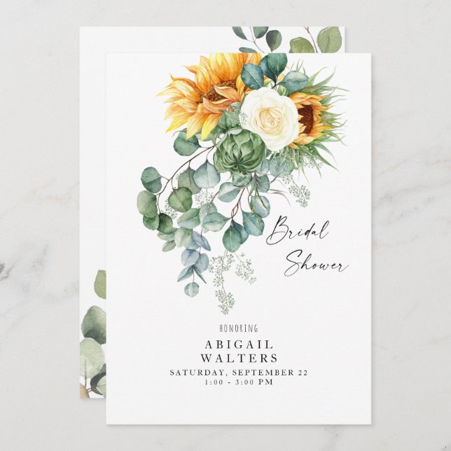 Convite Luscioso Eucalyptus Sunflower White Chá de panela (Frente/Verso)