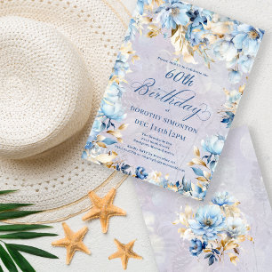 Convite Lush Blue White Watercolor Floral 60º Aniversário