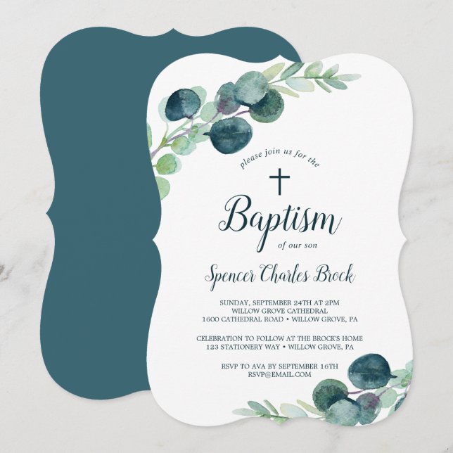 Convite Lush Greenery e Eucalipto com batismo cruzado (Frente/Verso)