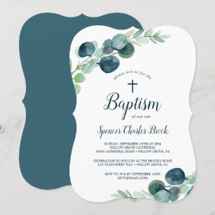Convite Lush Greenery e Eucalipto com Cross Baptism