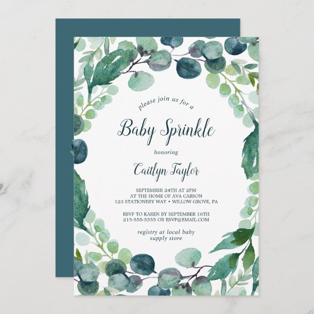 Convite Lush Greenery e Eucalyptus Baby Sprinkle (Frente/Verso)