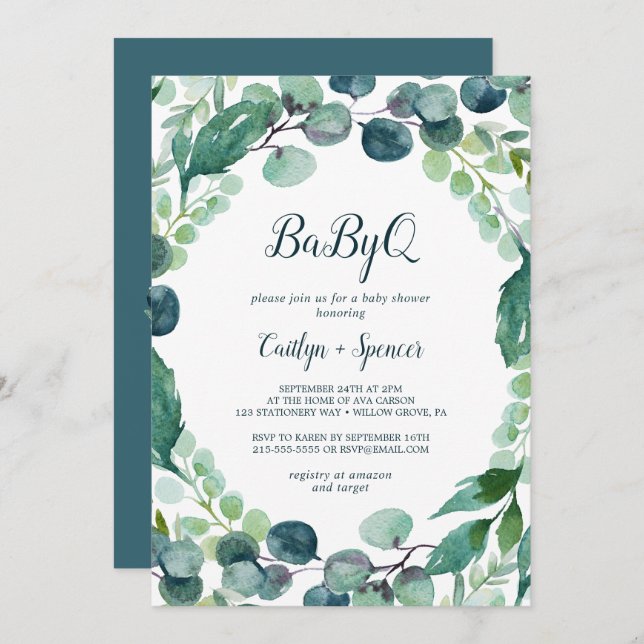 Convite Lush Greenery e Eucalyptus BabyQ (Frente/Verso)