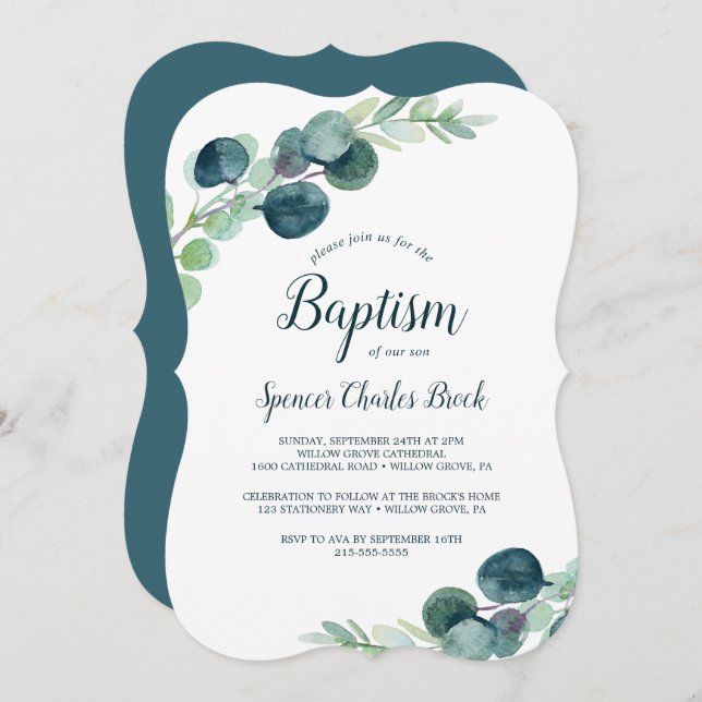 Convite Lush Greenery e Eucalyptus Baptism (Frente/Verso)