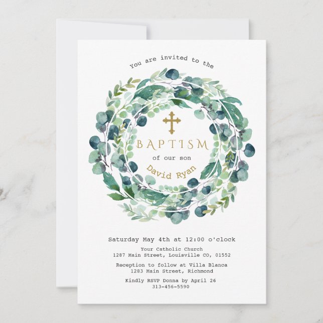 Convite Lush Greeneryptus Foliage Cross Baptism (Frente)