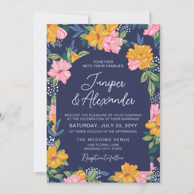 Convite Lush Pink Yellow Flowers Dark Blue Wedding (Frente)