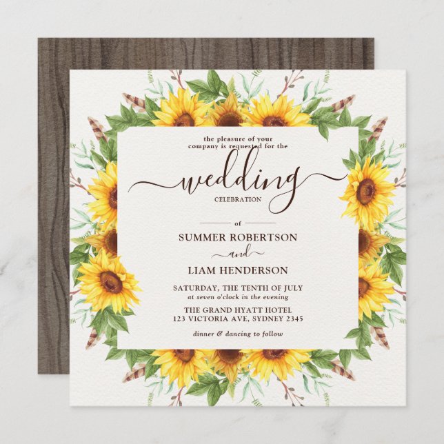 Convite Lush Rustic Watercolor Sunflower Casamento (Frente/Verso)