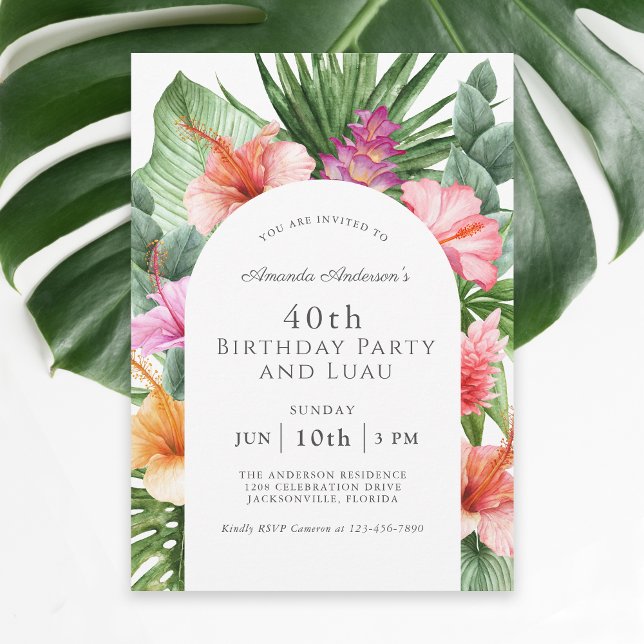 Convite Lush Tropical Floral aniversário de 40 anos e Luau (These invitations may be ordered as printed or paperless digital download invitations!)