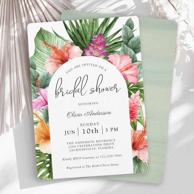Convite Lush Tropical Floral Chá de panela e Luau (A beautiful tropical bridal shower invitation with a luau theme.)