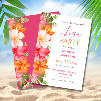 Convite Lush Tropical Floral Graduation Luau Pink