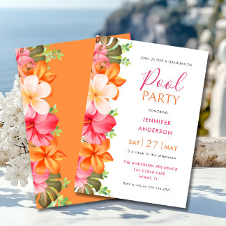Convite Lush Tropical Floral Graduation Pool Party Pink
