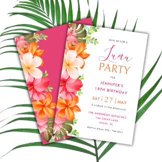 Convite Lush Tropical Floral Luau Birthday Pink
