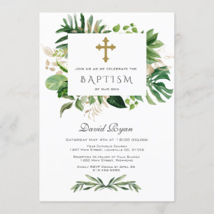 Convite Lush Tropical Foliage Dourada Cross Boy Baptism