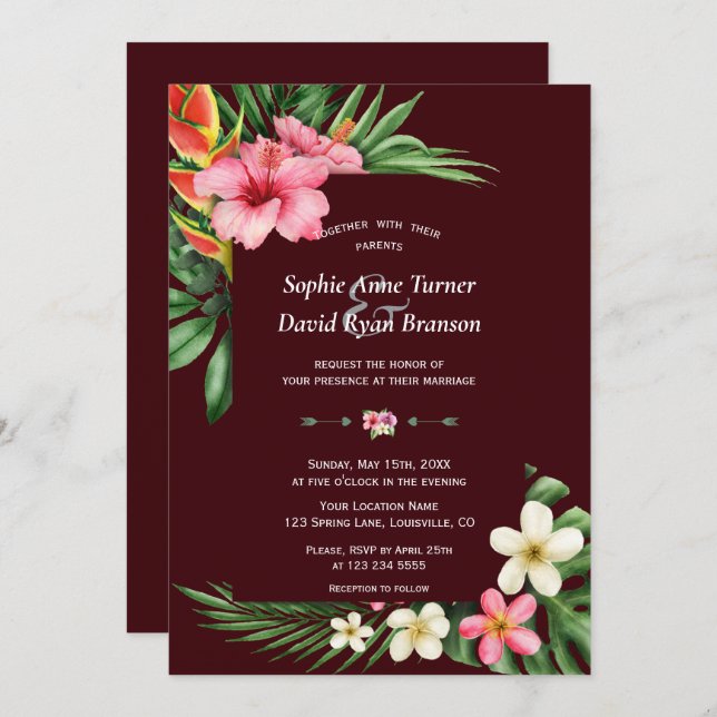 Convite Lush Tropical Garden Flowers Deep Burgundy Wedding (Frente/Verso)