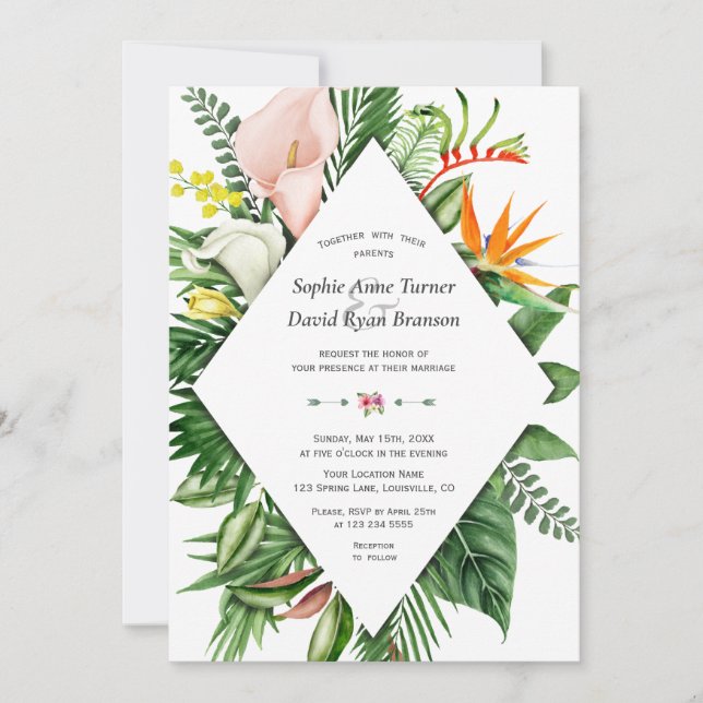 Convite Lush Watercolor Tropical Flowers Leaves Wedding (Frente)