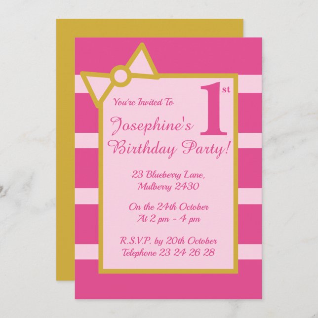 Convite Lusima Rosa Strips Meninas Dourada Festa de aniver (Frente/Verso)