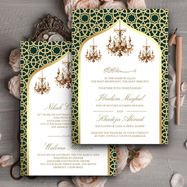 Convite Lustre Antigo Esmeralda Dourado Casamento Muçulman (Criador carregado)