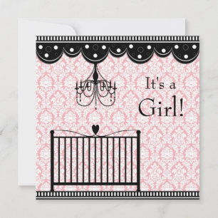 Convite Lustre de berço em damasco rosa preto Baby Shower