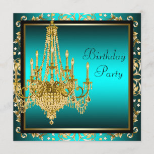 Convite Lustre de Damasco Azul Turquesa Dourado Aniversári