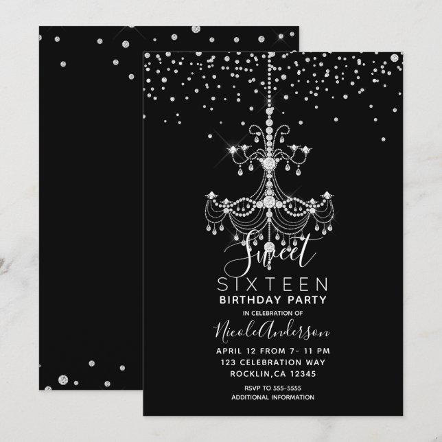 Convite Lustre de Diamante Prateado para Festa Sweet 16 (Frente/Verso)