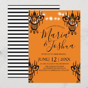 Convite Lustre de Halloween Casamento Laranja Luz Preta