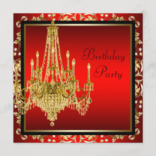 Convite Lustre Preto Vermelho Dourado Festa de Aniversário