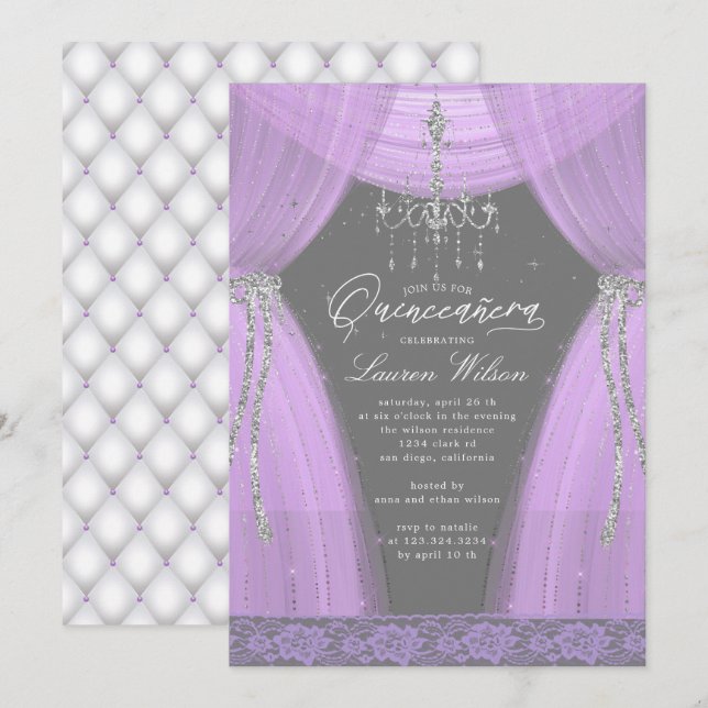 Convite lustroso candelabro roxo para Quinceanera (Frente/Verso)
