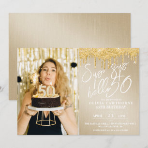 Convite Lux Dourado Glitter 50th Foto Aniversário