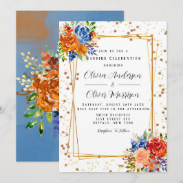 Convite Lux Glitter Blue Orange Watercolor Casamento Flora