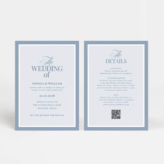 Convite Luxe Azul Poeirento com Código QR de RSVP | Casame (Criador carregado)