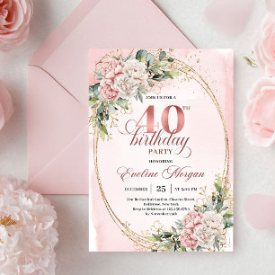 Convite Luxe Boêmio Rosa Pastel Floral 40º Aniversário