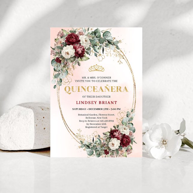 Convite Luxe Bohemian Burgundy Peonies Quinceañera Invites (Luxe Bohemian Burgundy Peonies Quinceañera Invitations)