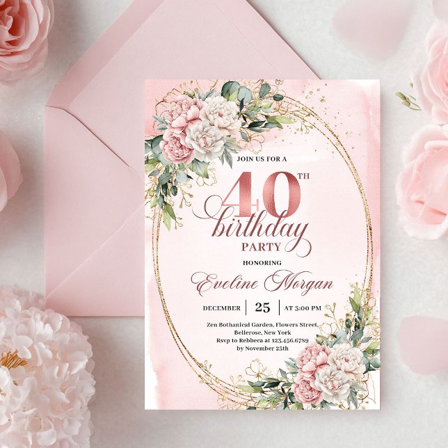 Convite Luxe Bohemian Pastel Pink Floral 40th Birthday  (Luxe Bohemian Pastel Pink Floral 40th Birthday Invitation)