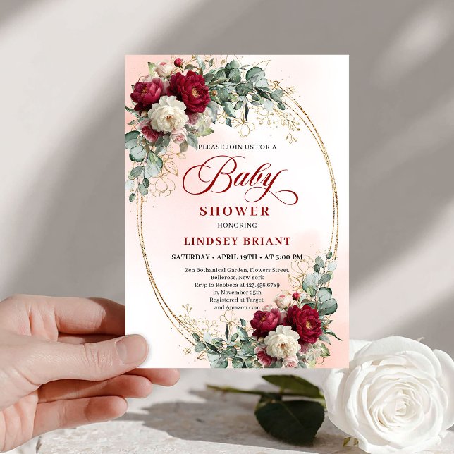 Convite Luxe Boho Maroon Floral Gold Baby Shower Invitatio (Luxe Boho Maroon Floral Gold Baby Shower Invitation)