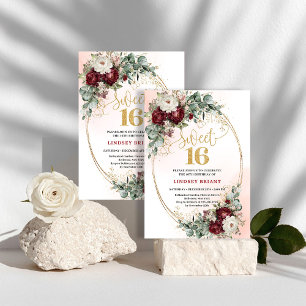 Convite Luxe Boho Marsala Peônias Dourado Sweet Sixteen 16