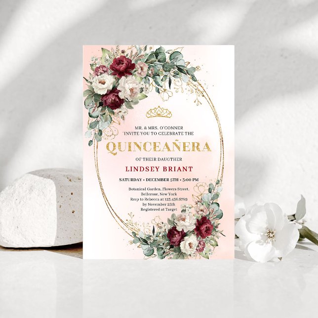 Convite Luxe Boho Peônias Vermelhas Profundas Eucalipto Qu (Luxe Deep Red Peonies Eucalyptus Quinceañera Invite)