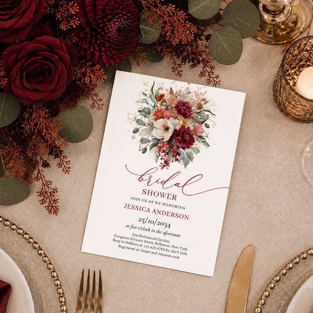 Convite Luxe Borgonha Dourado Eucalipto outono boho sapato (Luxe Burgundy Gold Eucalyptus fall boho bridal shower invitation

)