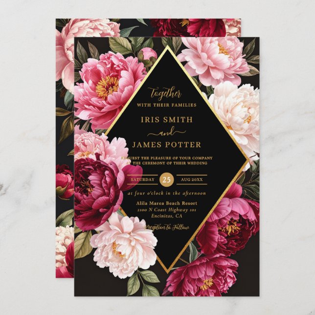 Convite Luxe Burgundy and Blush Pink Peony Floral Wedding (Frente/Verso)