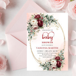 Convite Luxe Deep Red Floral Heart-Shaped Font Baby Shower