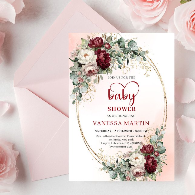 Convite Luxe Deep Red Floral Heart-Shaped Font Baby Shower (Luxe Deep Red Floral Heart-Shaped Font Baby Shower Invitation)