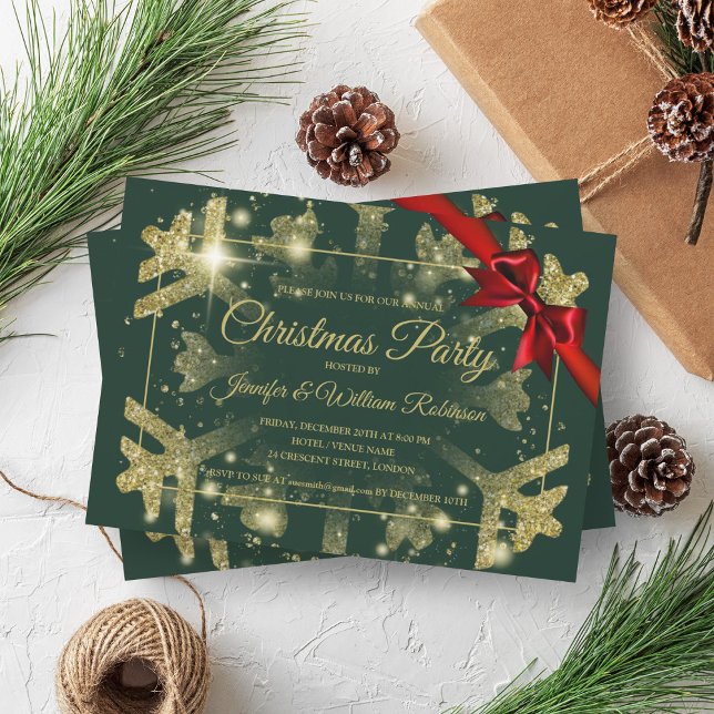 Convite Luxe Dourado Glitter Natal Feriado Vermelho Fita V (Luxe Gold Glitter Xmas Holiday Red Ribbon Green Invitation)