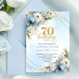 Convite Luxe dusty blue florals gold frame 70th birthday 