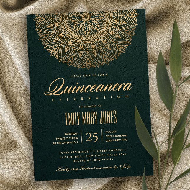 CONVITE LUXE GREEN DOURADO CLÁSSICO MANDALA QUINCEANERA (Criador carregado)
