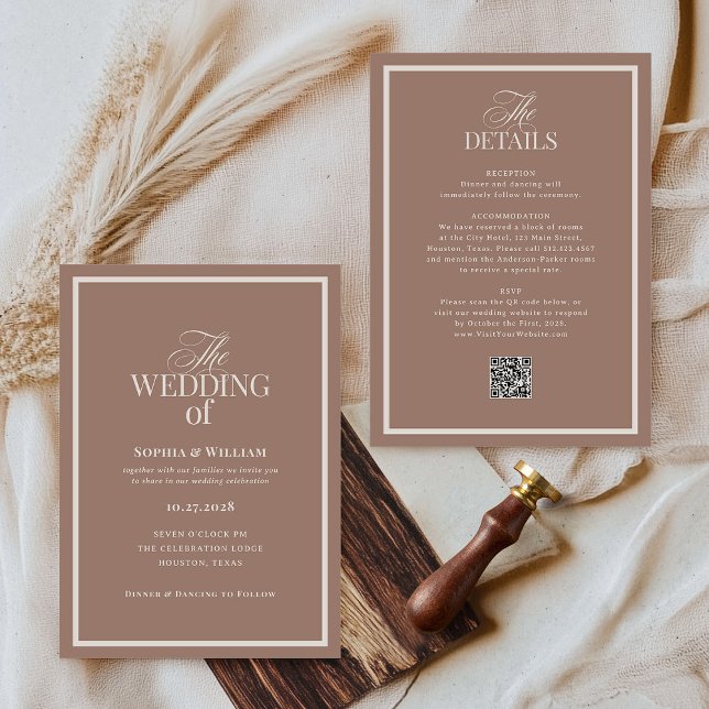Convite Luxe Neutro Bege Marrom | RSVP Código QR Casamento (Criador carregado)