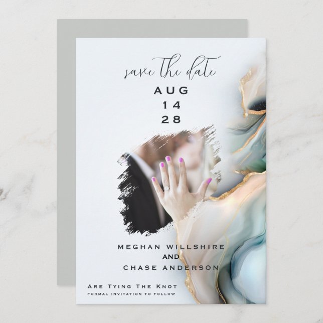 Convite Luxe Opal Teal Gold Fluid Alcohol Ink (Frente/Verso)