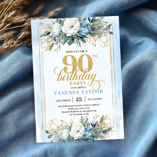 Convite Luxe pale blue gold detailing 90th birthday invite