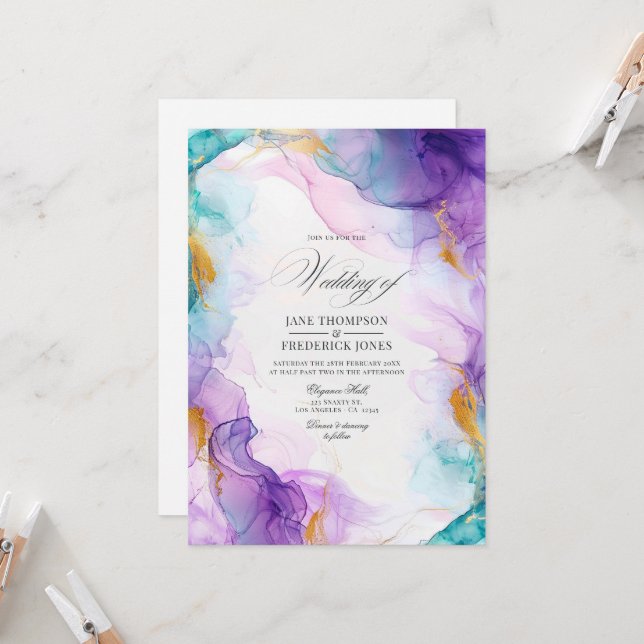Convite Luxe Roxo e Azul Tinta Alcoólica com Acentos Doura (Frente/Verso In Situ)