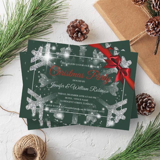 Convite Luxe Silver Glitter Xmas Holiday Red Ribbon Verde (Luxe Silver Glitter Xmas Holiday Red Ribbon Green Invitation)