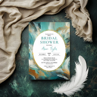 Convite Luxe Turquoise Gold Brushstroke Bridal Shower