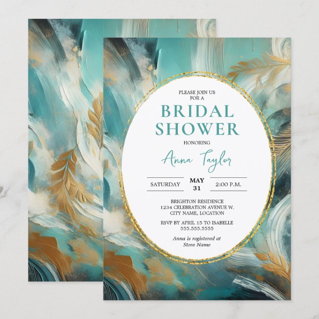 Convite Luxe Turquoise Gold Brushstroke Bridal Shower (Frente/Verso)